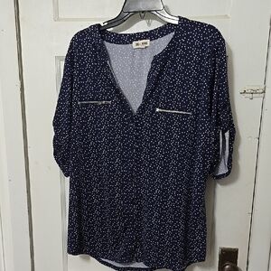 Blue Mood Navy Blue Polka Dot Women's Top SS Button Front 2X